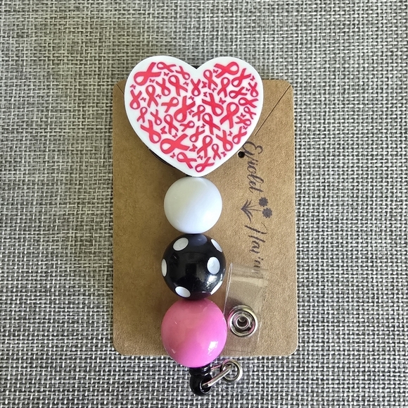 Breast Cancer Awareness Pink Heart Beaded Retractable Work Badge ID Reel Holder - Picture 1 of 2